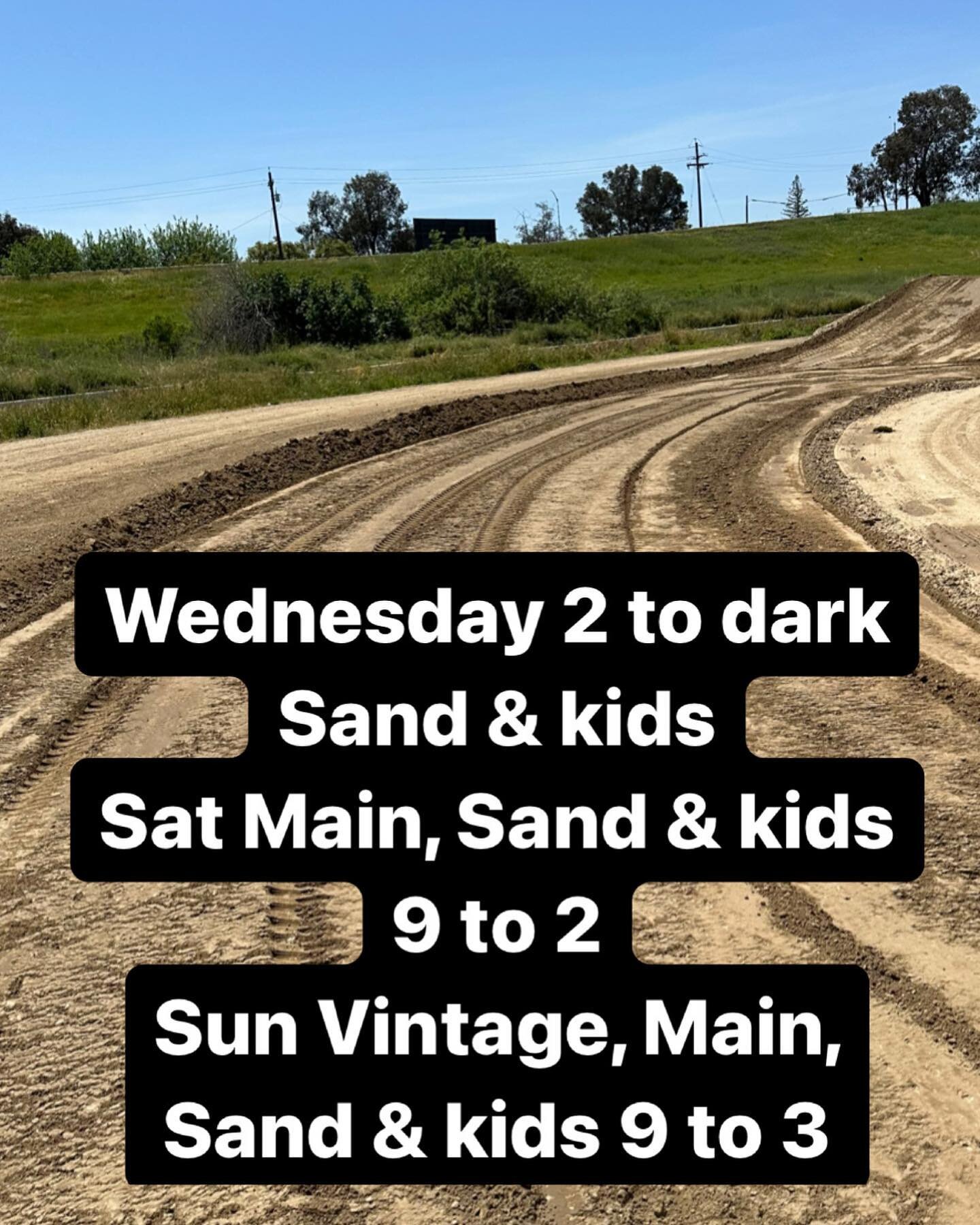 This week!
Wednesday 2 to dark
Sand &amp; kids
Sat Main, Sand &amp; kids
9 to 2
Sun Vintage, Main, Sand &amp; kids 9 to 3
