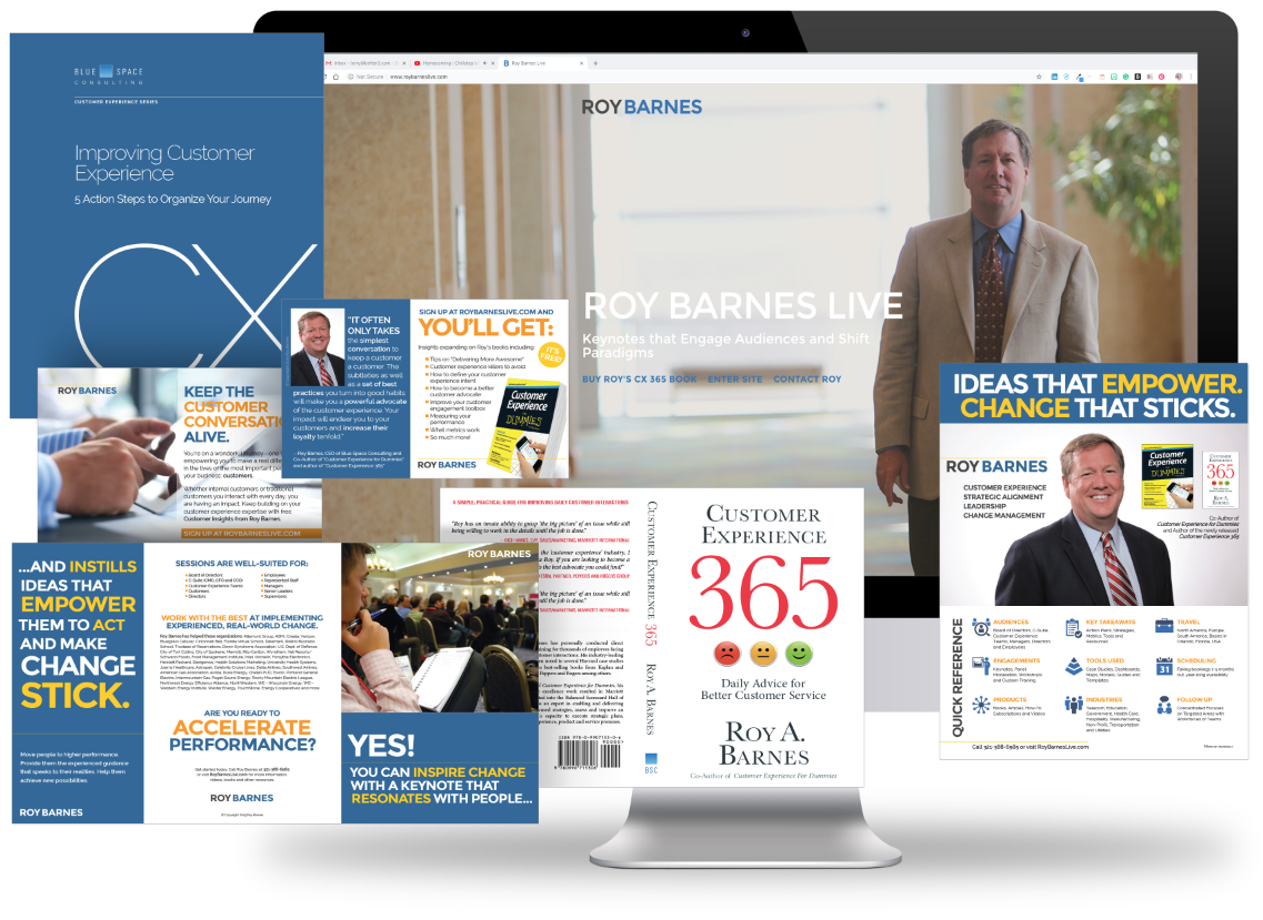 Multiple digital screens displaying content related to improving customer experience, including a book cover titled "Customer Experience 365," a presentation slide with the title "Keep the Customer Conversation Alive," and promotional material for a keynote speaker, Roy Barnes.