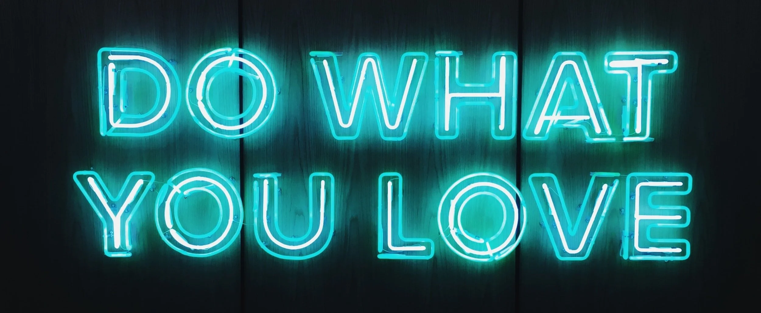 Neon sign reading 'Do What You Love' in blue letters on a dark background.