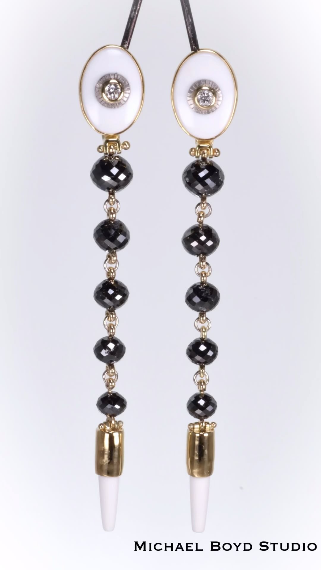 New Earrings in: 22k, 18k, Platinum, Coconut Chalcedony, Black diamonds (11.05 cttw), “repurposed” Brilliant cut white Diamonds
*
*
*
*
#michaelboydjewelry #michaelboydstudio #metalsmith #goldsmith #artjewelry #earringshandmade #earringso