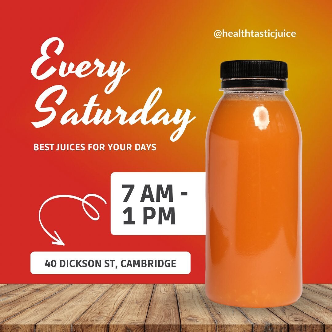 Find us every Saturday! @cambridgefarmersmarket 

📍 40 Dickson Street, Cambridge 

⏰ 7:00 AM - 1:00 PM 

Juices &amp; smoothies fully stocked!