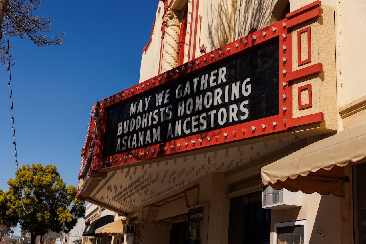 The marquee at El Campanil Theater in Antioch displays the May We Gather Pilgrimage.
