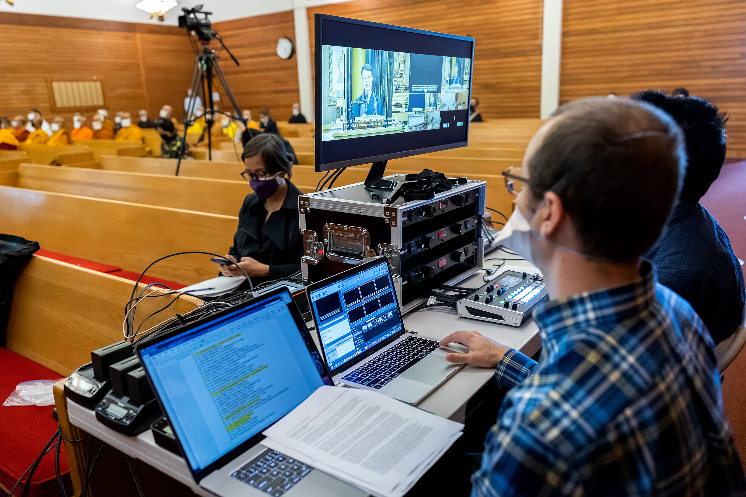 (photo center) Sunyoung Lee assisiting with behind-the-scenes logistics; (photo right, left to right) Dr. Trent Walker and Evan Kodani at the livestream station