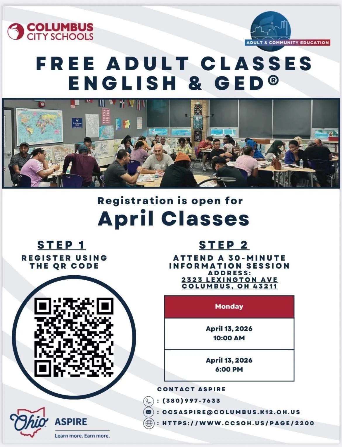 April 2026: Free Adult Classes for English &amp; GED