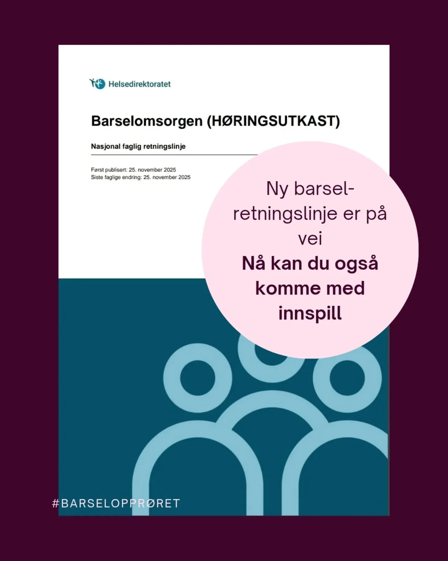 Si hva du mener om anbefalingene i den reviderte versjonen av barselretningslinjen.

Man trenger ikke si noe om alt, man trenger ikke v&aelig;re ekspert, og man trenger ikke &aring; representere en organisasjon for &aring; kunne sende inn innspill. P