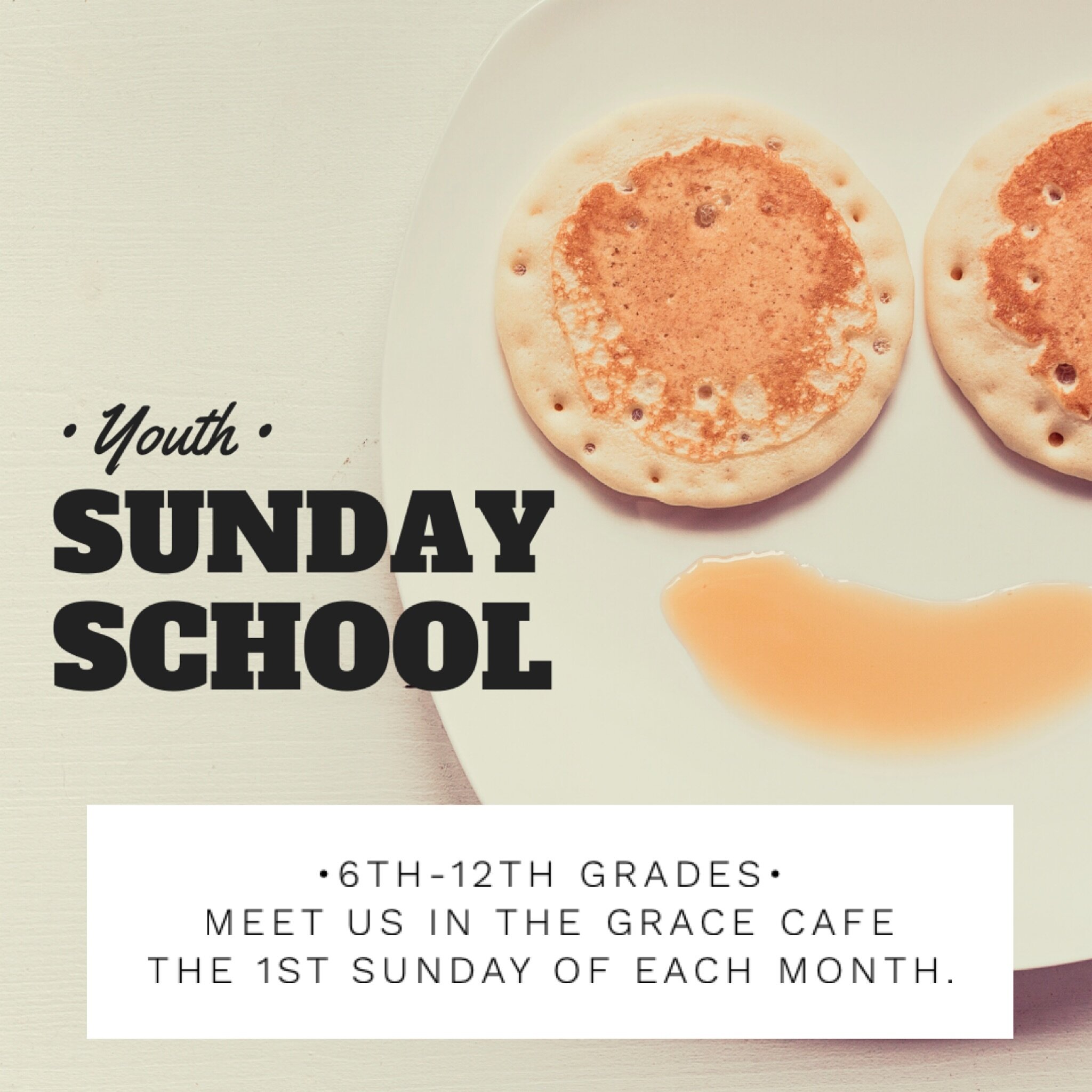 Hot breakfast! 🥞🍳☕️ The first Sunday of each month the Grace Cafe provides a hot breakfast for you and your family to enjoy. Open from 8:30-11am
On this day, Middle &amp; High school students gather for food and fellowship during their 10am Sunday 