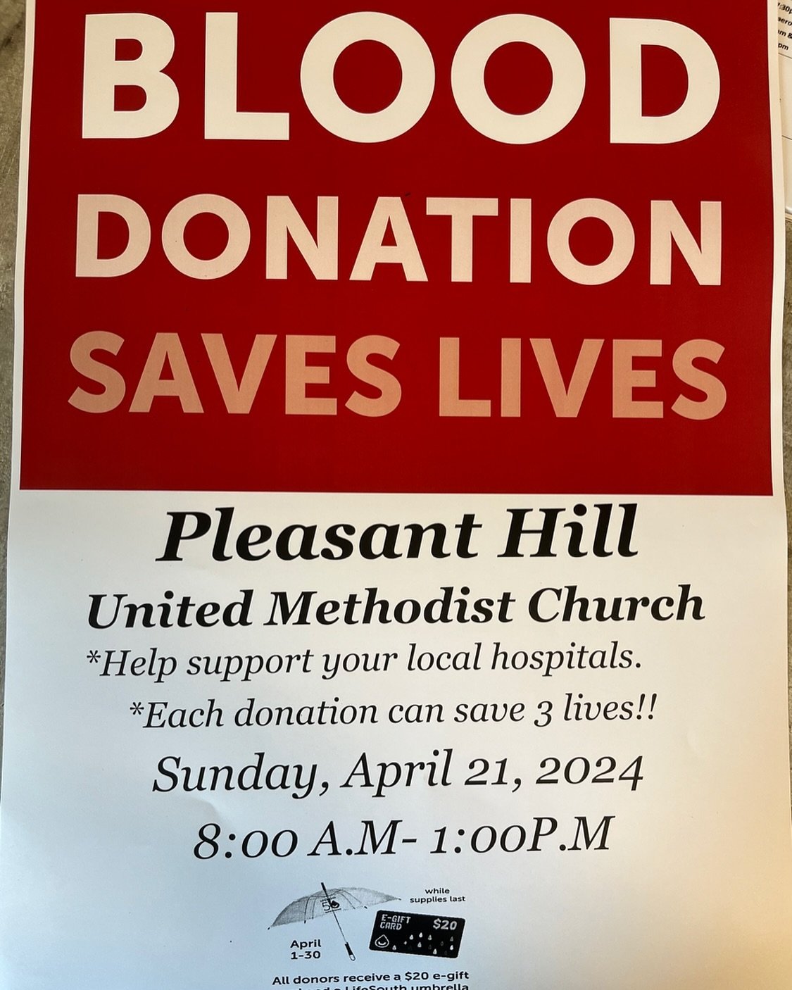 BLOOD DONATION SAVES LIVES
Pleasant Hill United Methodist Church
*Help support your local hospitals.
*Each donation can save 3 lives!!
Sunday, April 21, 2024 8:00 A.M- 1:00P.M

All donors receive a $20 e-gift card and a LifeSouth umbrella &bull; Addi