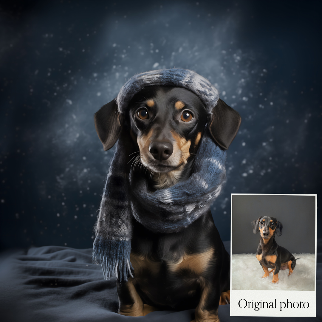 Professional AI portrait of a Dachshund dog wearing a scarf by Alison Huntley