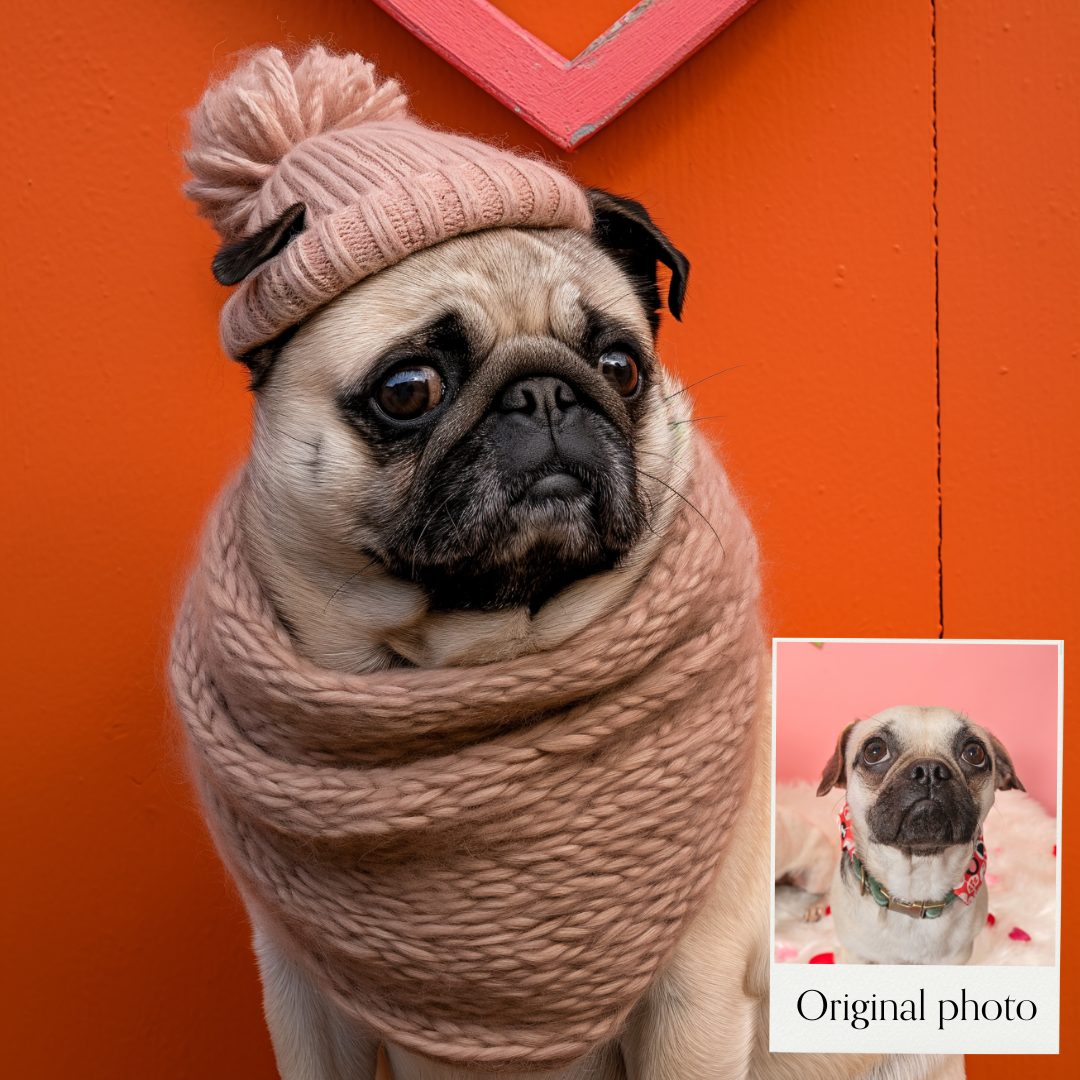 Professional AI portrait of a Pug wearing a hat and scarf by Alison Huntley