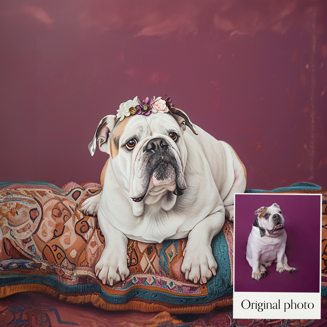 Professional AI portrait of an English Bulldog wearing a flower crown by Alison Huntley