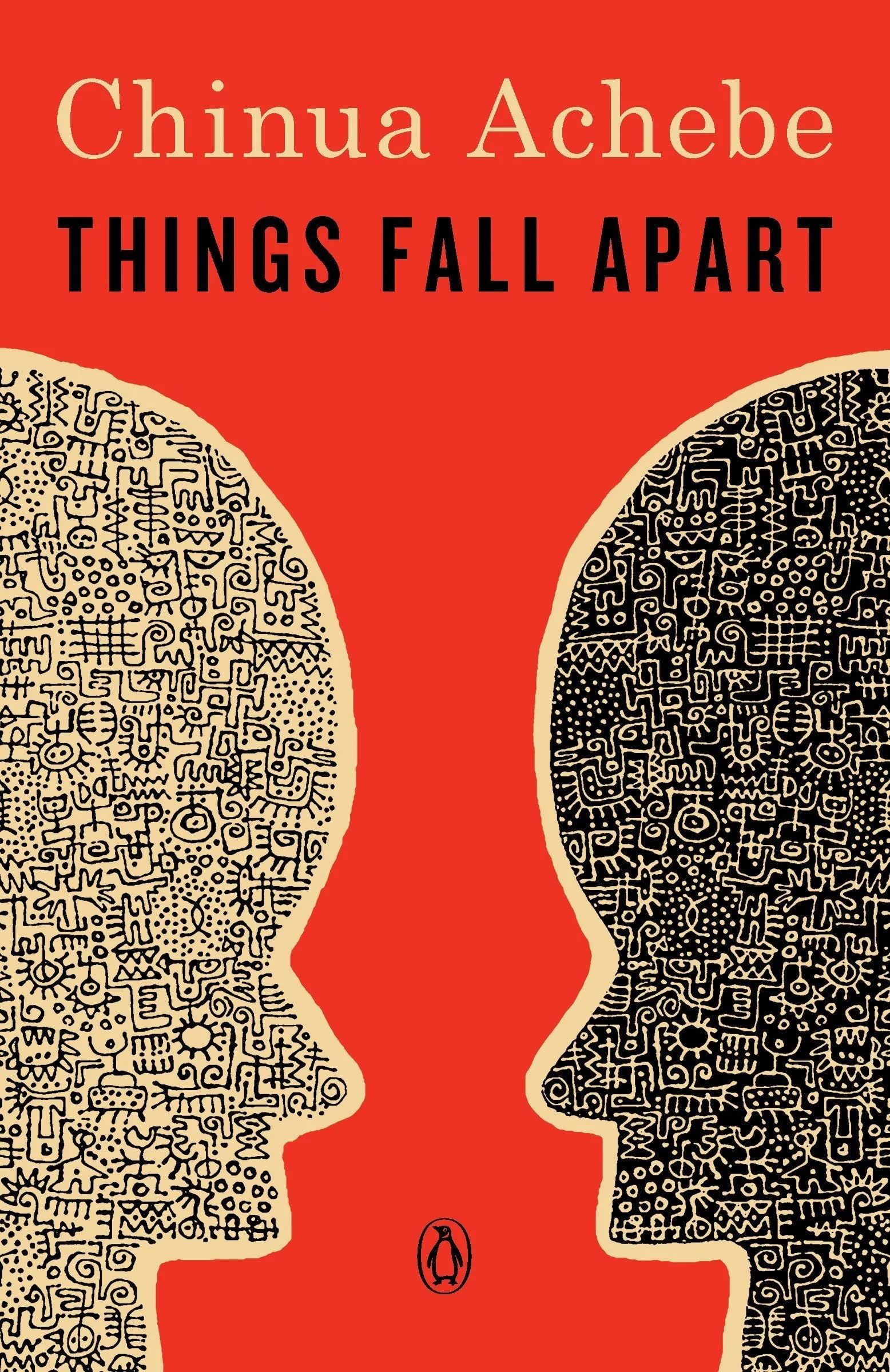 Cover of "Things Fall Apart" by Chinua Achebe featuring abstract patterned profiles facing each other on a red background.