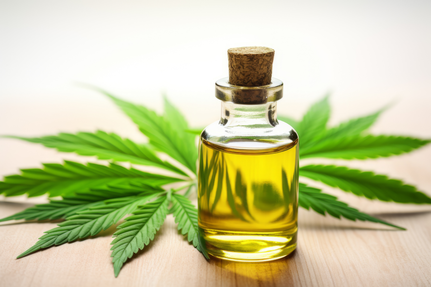 Therapeutic CBD massage oil in a glass vial with a hemp leaf