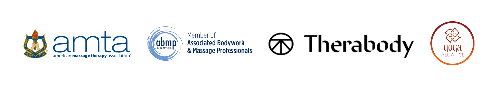 Logos of professional massage therapy associations and continuing education memberships including AMTA, ABMP, Yoga Alliance, Therabody