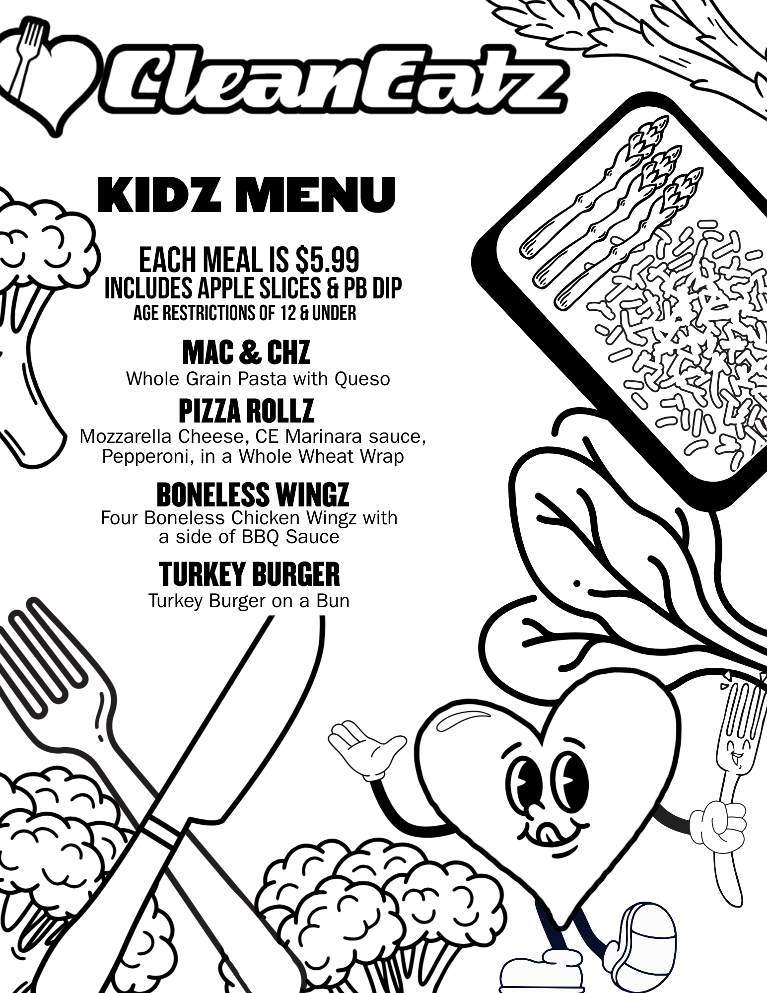 Front of Printable Kids Menu for In-Store Cafe Franchise