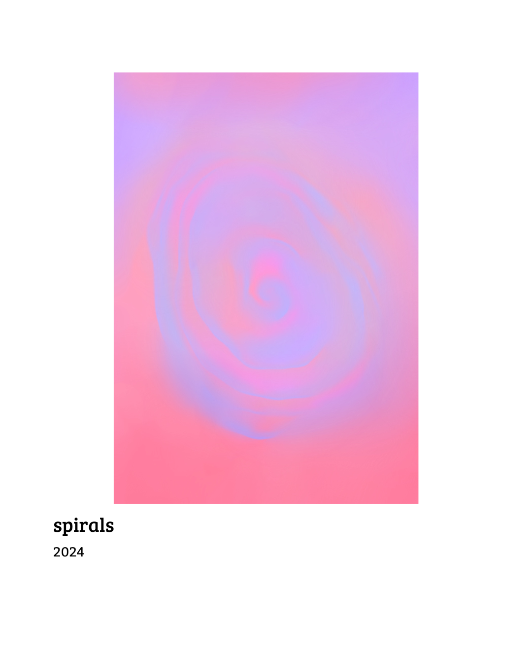 Abstract digital artwork called "spirals" featuring pastel pink, purple, and blue swirling spiral patterns with a soft gradient background.