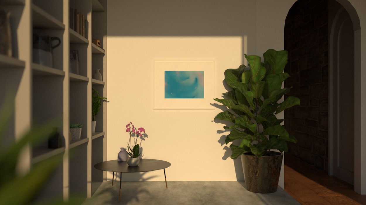 interior design shot of an abstract painting hung up on a wall