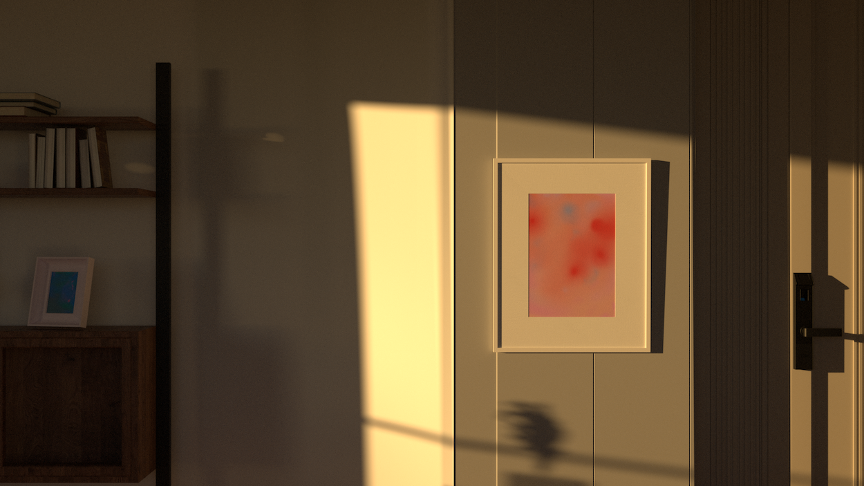 pink and red abstract painting decorating the wall in a modern hourse during sunset