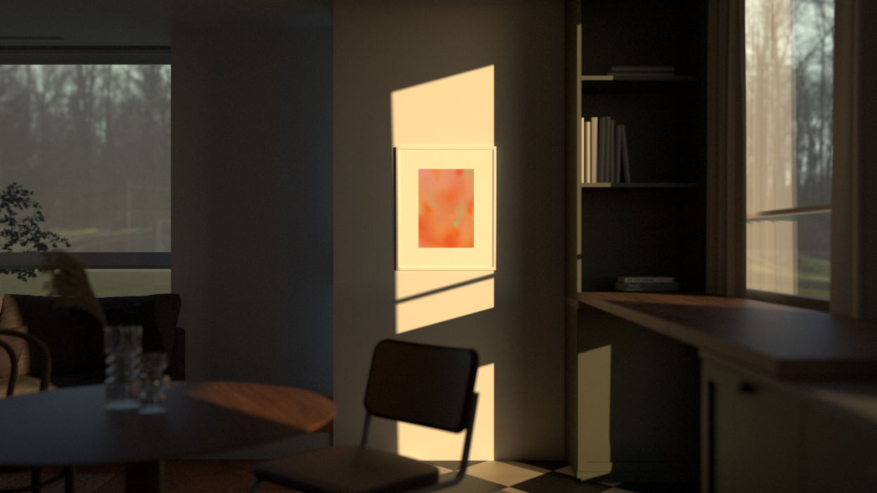 bright abstract painting displayed in a modern house during sunset