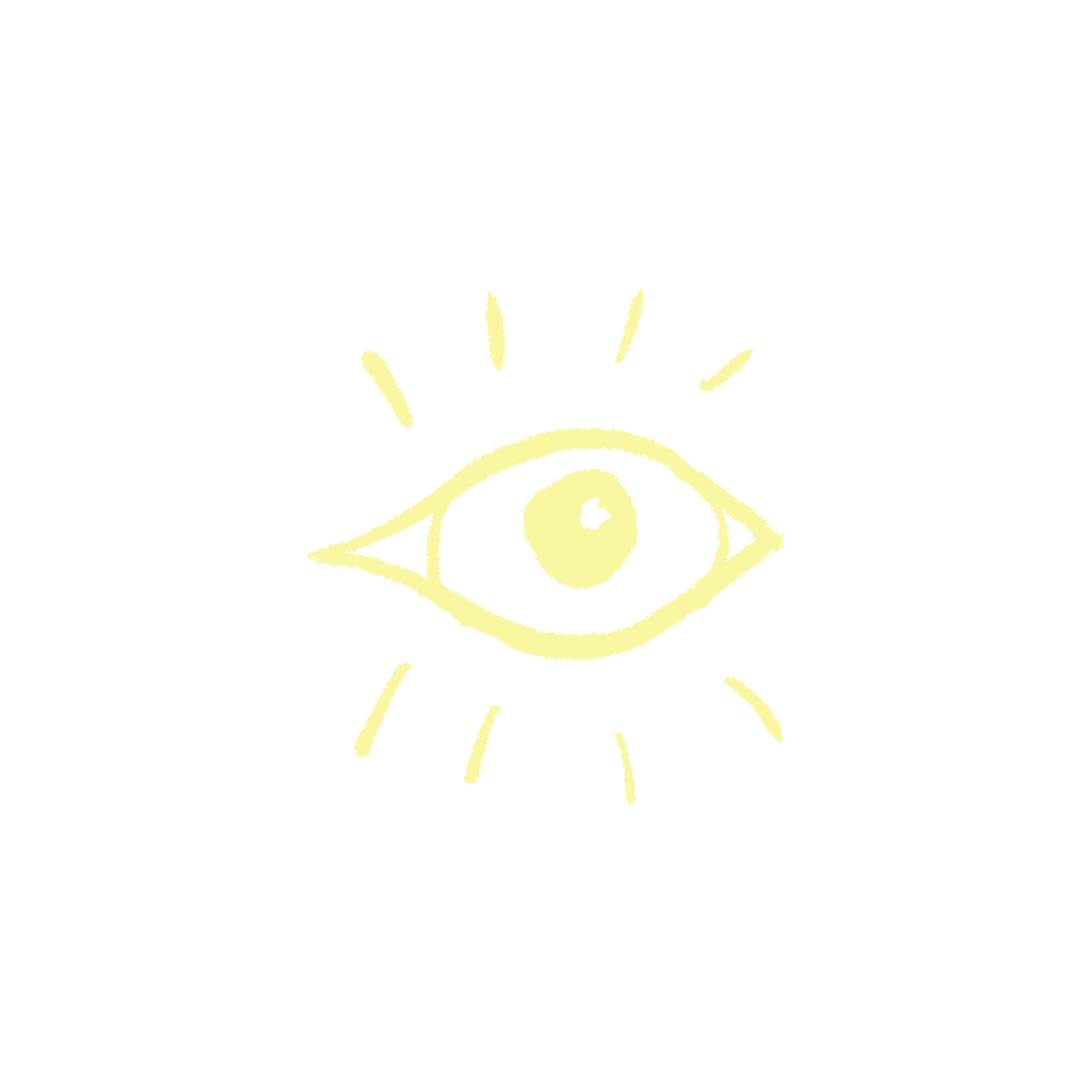 A simple, glowing yellow sketch of an eye with lines radiating outward, on a black background.