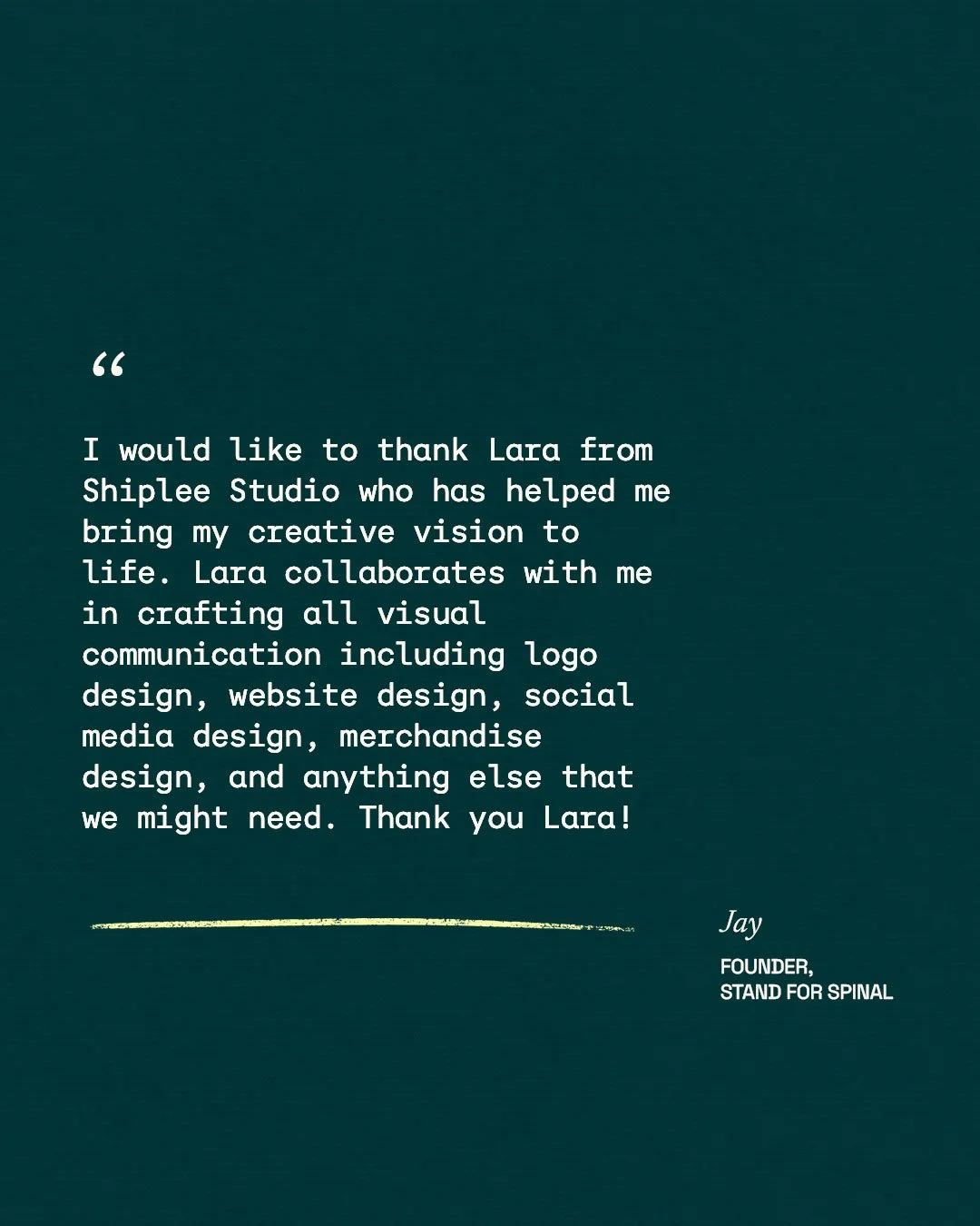 A testimonial that perfectly captures what collaboration can look like 🤝

"I would like to thank Lara from Shiplee Studio who has helped me bring my creative vision to life. Lara collaborates with me in crafting all visual communication includi