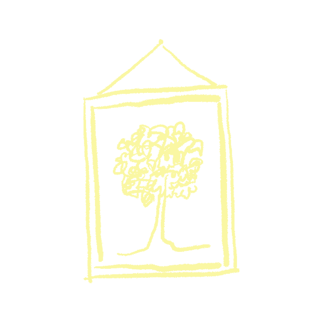 Yellow sketch of a framed picture of a tree on a black background.