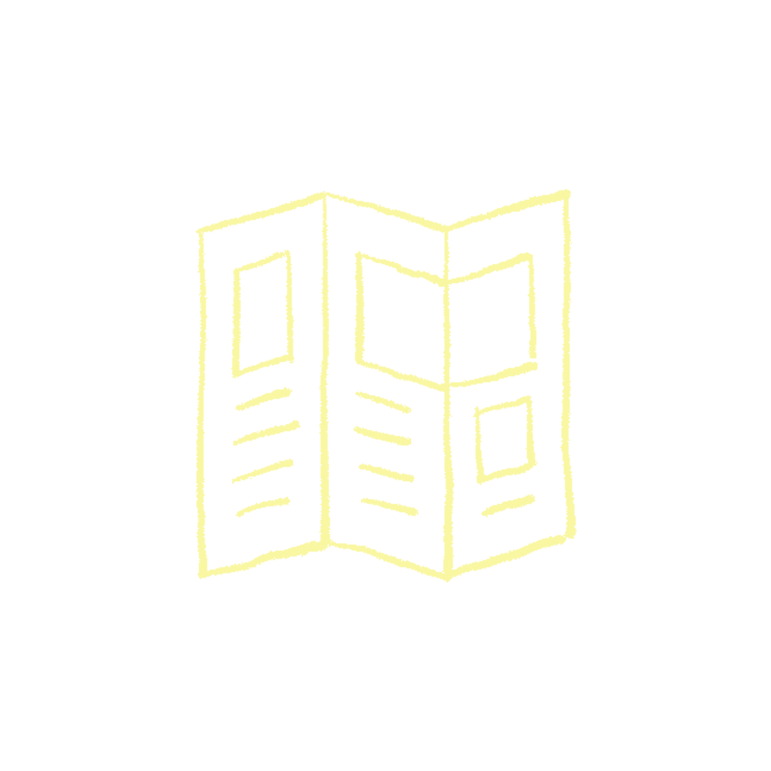 Yellow neon outline of an informational brochure or pamphlet with three sections, placed against a black background.