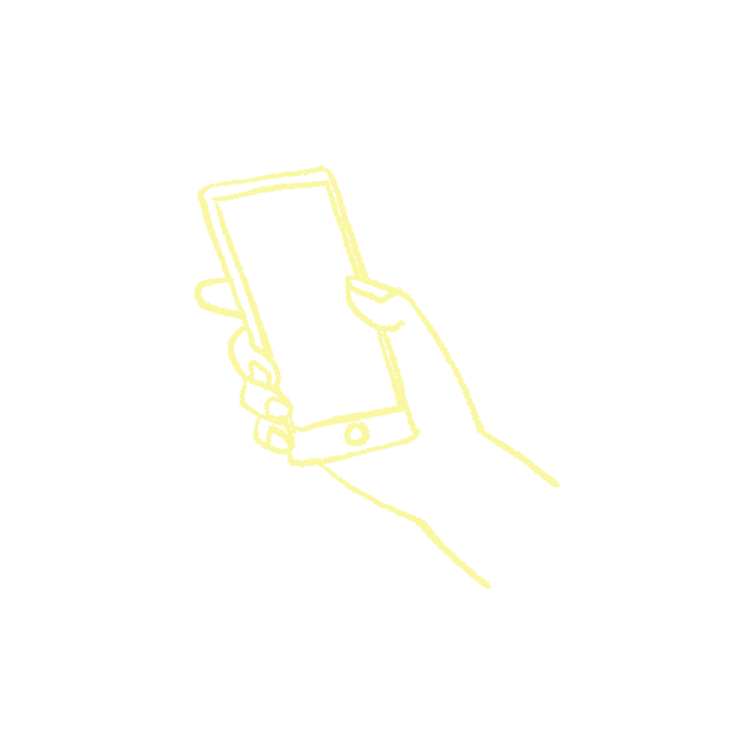 Outline drawing of a hand holding a smartphone against a black background.