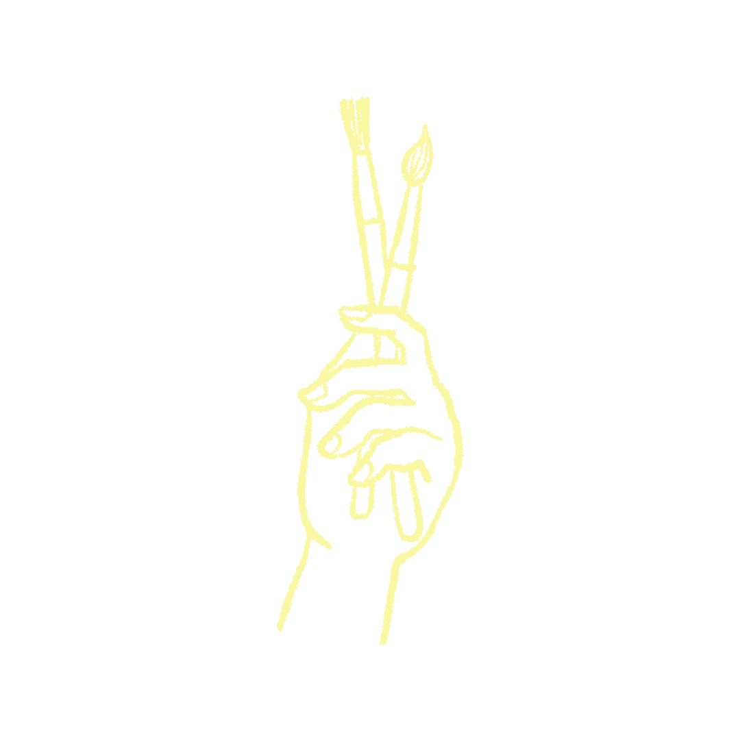 Line art drawing of a hand holding three paintbrushes against a black background.