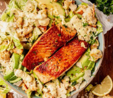 Charred Salmon served with Caesar Dressed Baby Gems &amp; Kimchi Slaw