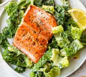 Charred Salmon served with Caesar Dressed Baby Gems &amp; Kimchi Slaw