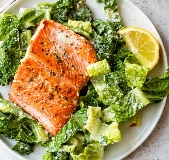 Charred Salmon served with Caesar Dressed Baby Gems &amp; Kimchi Slaw