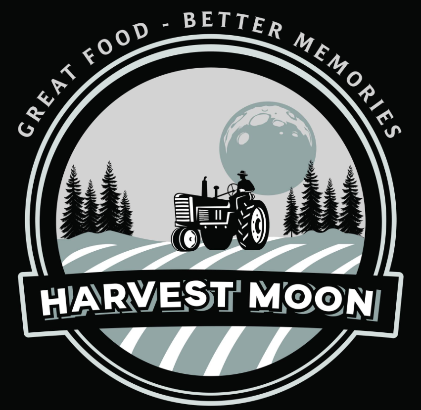 A logo with a tractor in a field under a full moon, surrounded by pine trees, with the phrases 'Great food - Better memories' and 'Harvest Moon'.