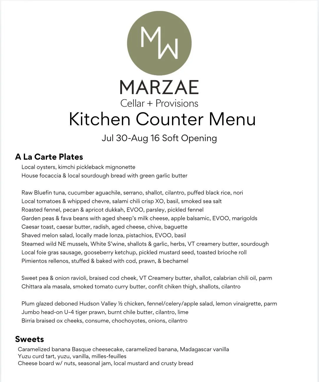 Things for you to eat + drink during our soft opening. 

We&rsquo;re excited for our first seasonal menu driven by northeast growers and producers. Just like our wine, our food is a terroir driven celebration of local, sustainable agriculture practic