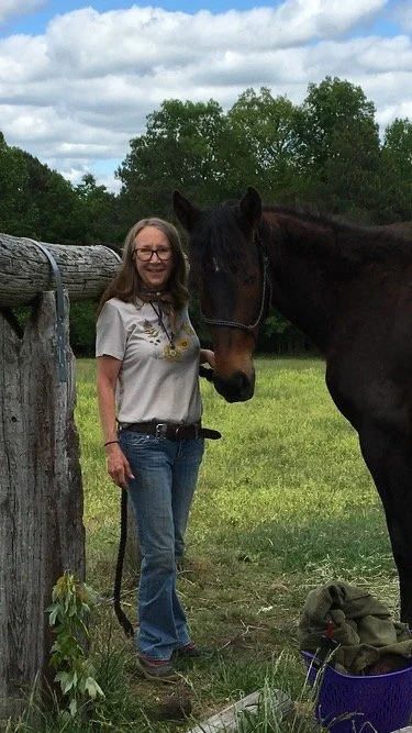 Woman with glasses in a t-shirt and jeans next to a large dark brown horse