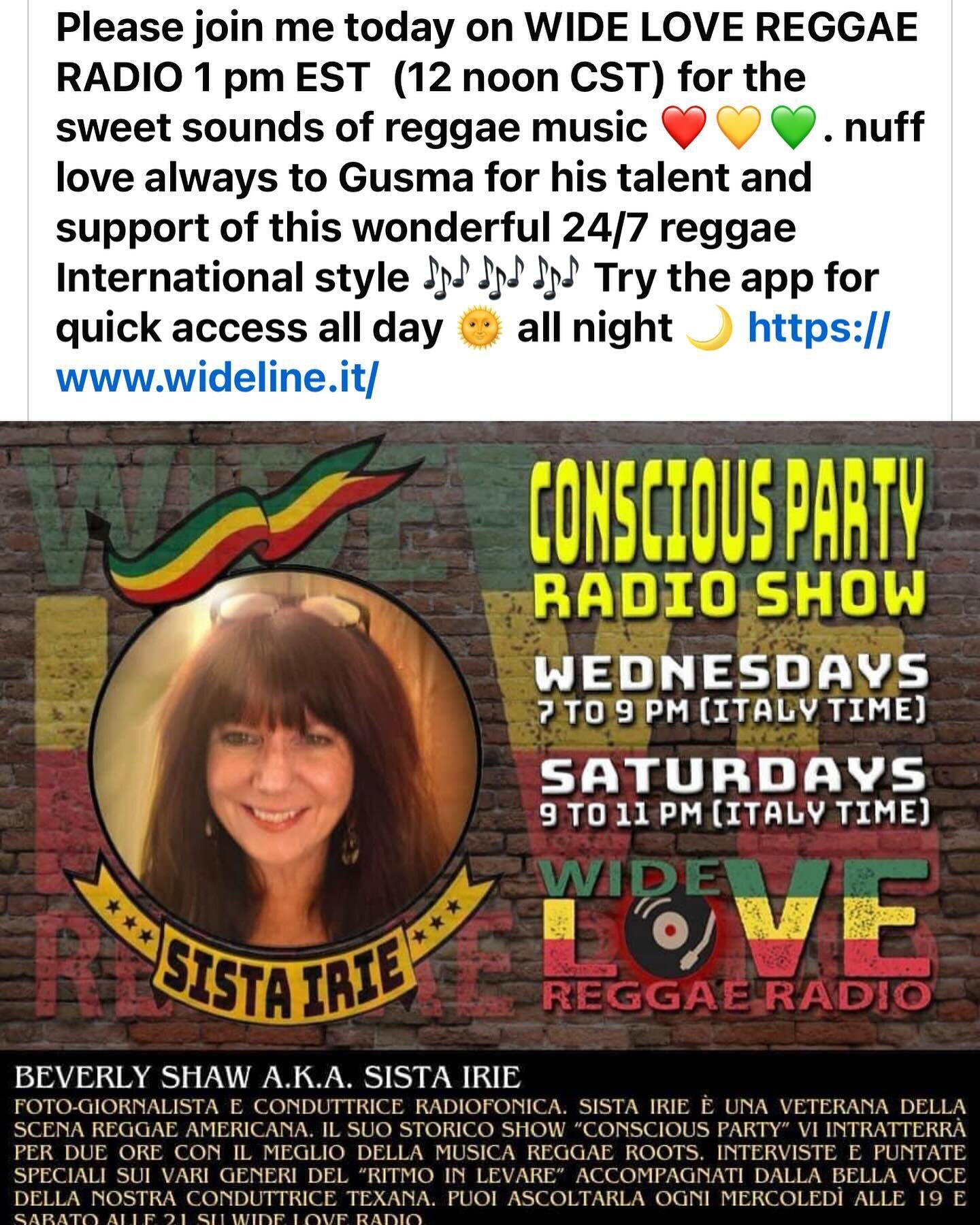 Join Sista Irie on Italy&rsquo;s  WIDELOVE REGGAE RADIO for the sweet sounds of reggae music. 12 noon CST (1pm EST) @widelineradio @djgusma @lloydstanbury #rastaradio #roots #internationalreggae #alldayreggae #Italy