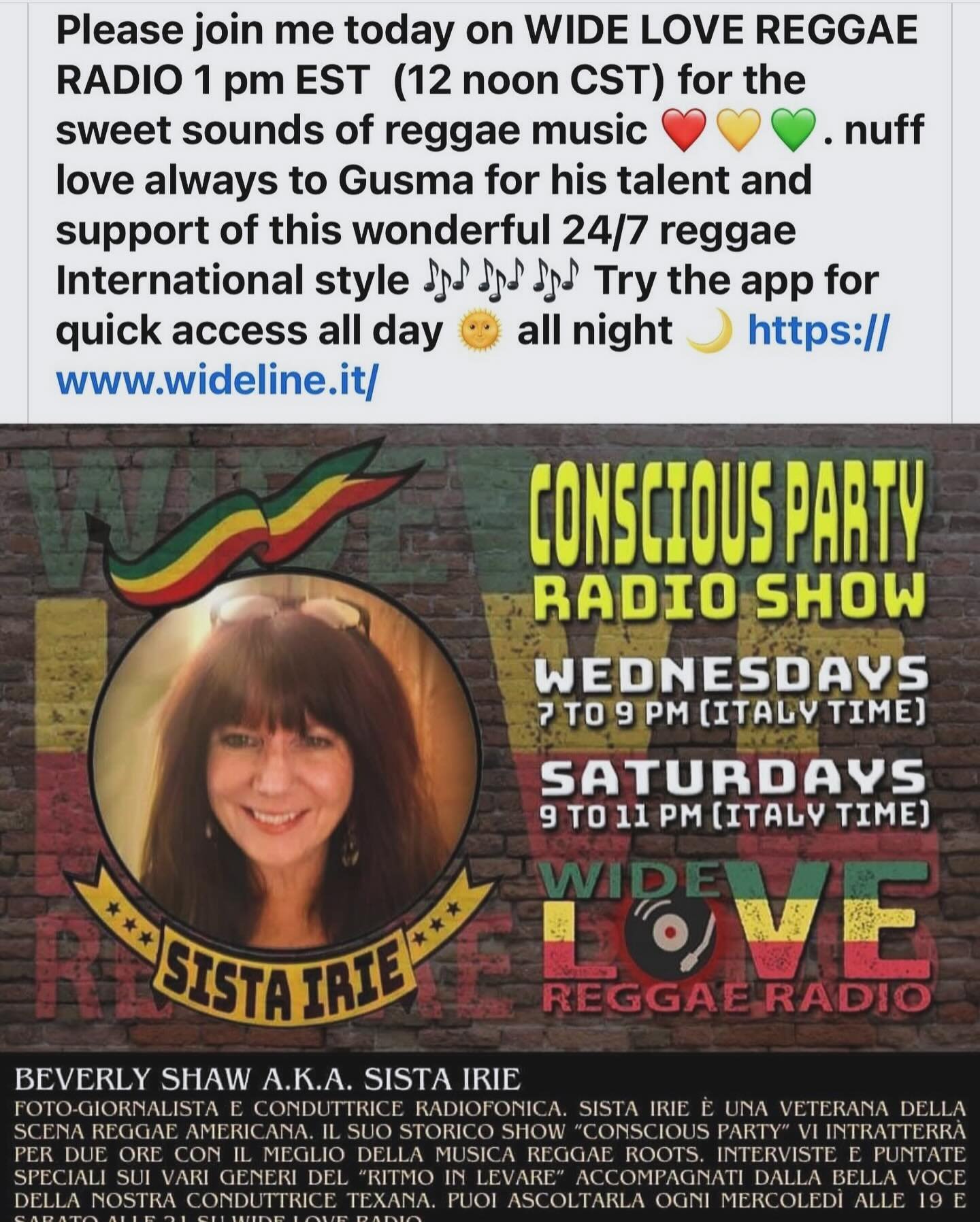 SISTA IRIE&rsquo;S CONSCIOUS PARTY *today* at noon CST or 1 pm EST. Wednesday May 8th WIDE LOVE REGGAE RADIO. wideline.it or download the free app for 24/7 reggae streaming from Italy! @majestymediaglobal @lloydstanbury @djgusma @sista_irie