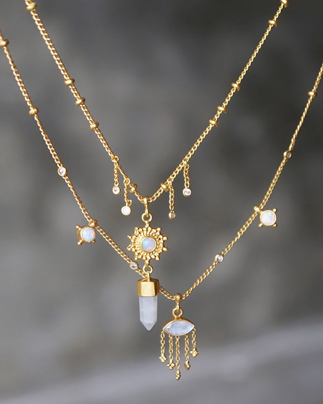 I&rsquo;m in love 🌟 it&rsquo;s true!! 🤭 The Horizon necklace contains the whole universe&hellip; A shining sun, and a sky full of stars, are represented in this piece. We&rsquo;ve also added a rainbow moonstone crystal, to connect you to the magic 