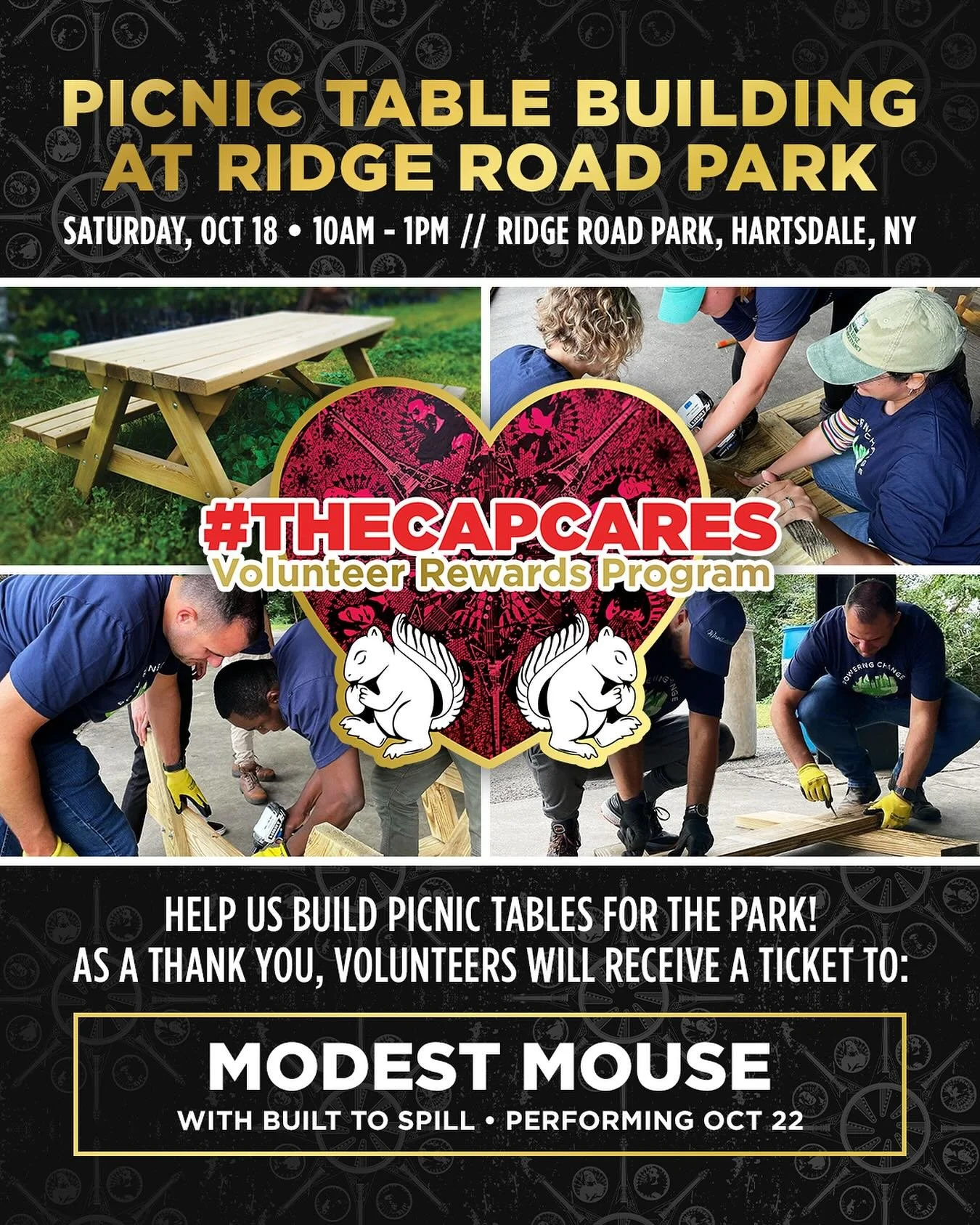 ✨Just a couple spots left! ✨
Join #TheCapCares and our awesome crew of do-gooders as we team up with Westchester Parks Foundation to build picnic tables in Hartsdale on Sat. Oct 18! 🌳🔨
💥 Bonus: Volunteers get a FREE ticket to see Modest Mouse at T
