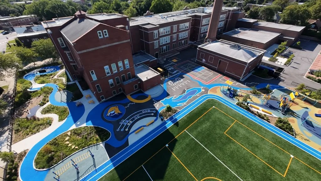 Aerial view of playground mural for Myra Bradwell Middle School in Chicago.