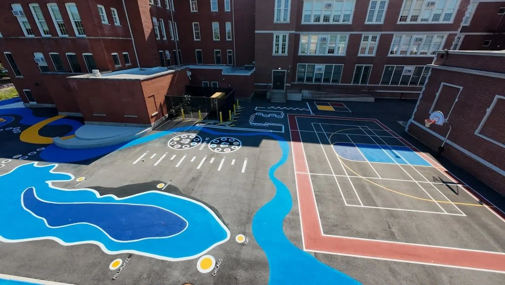 Aerial view of playground mural for Myra Bradwell Middle School in Chicago.