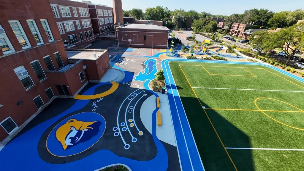 Aerial view of playground mural for Myra Bradwell Middle School in Chicago.