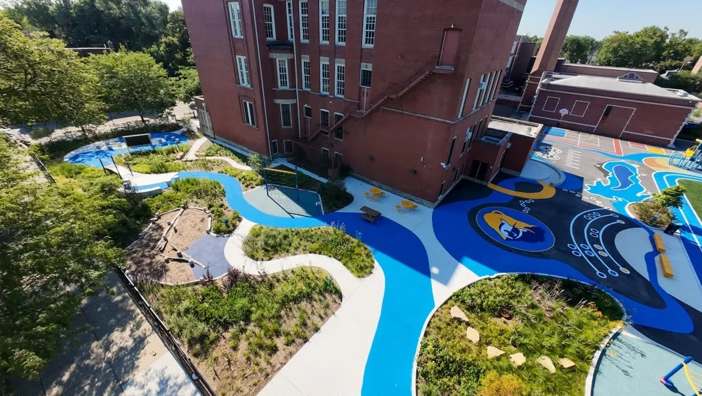 Aerial view of playground mural for Myra Bradwell Middle School in Chicago.