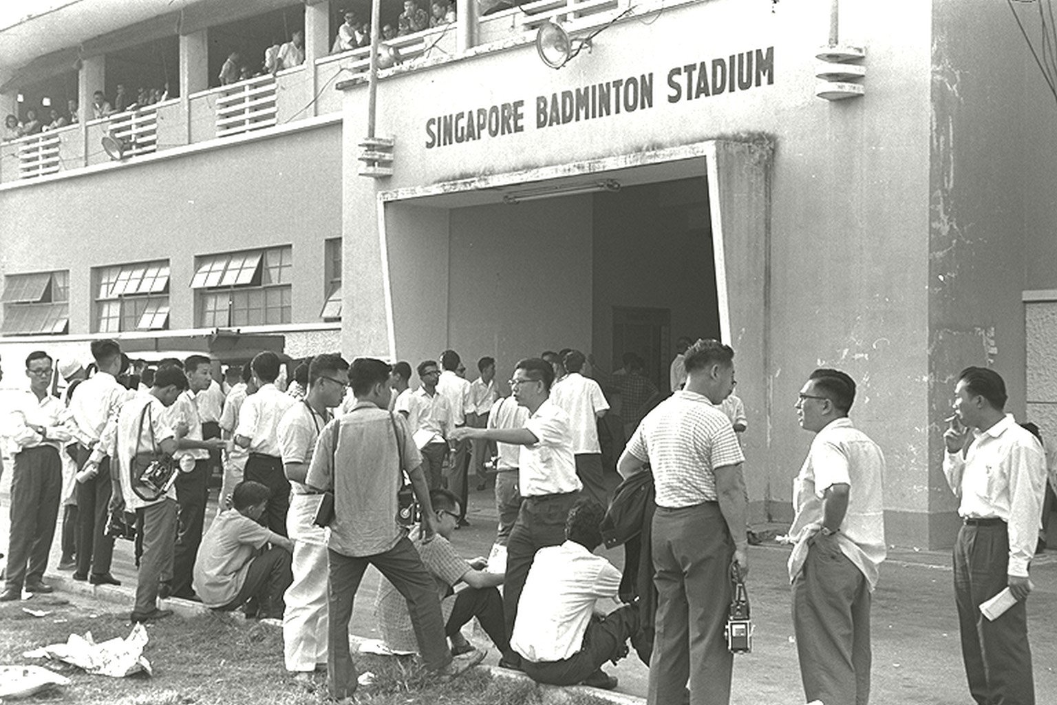 An exterior view from 1962, when the former Singapore Badminton Hall served as a vote counting station for the referendum for the merger of Singapore and Malaysia.