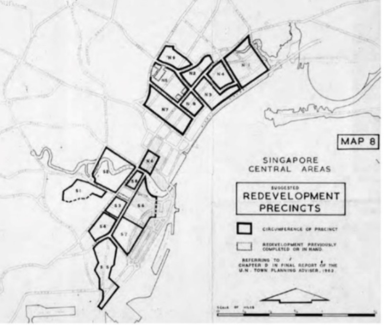 1962 Lorange Plan illustrating the division of the city centre precinct. Source: URA