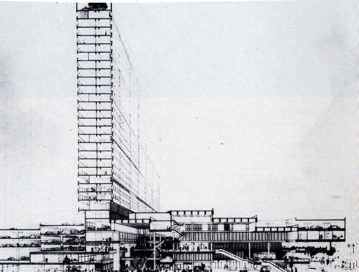 Conceptual sectional drawing of the People’s Park showing the commercial podium and residential slab tower. Source: Source: DP50 exhibition, DP Architects