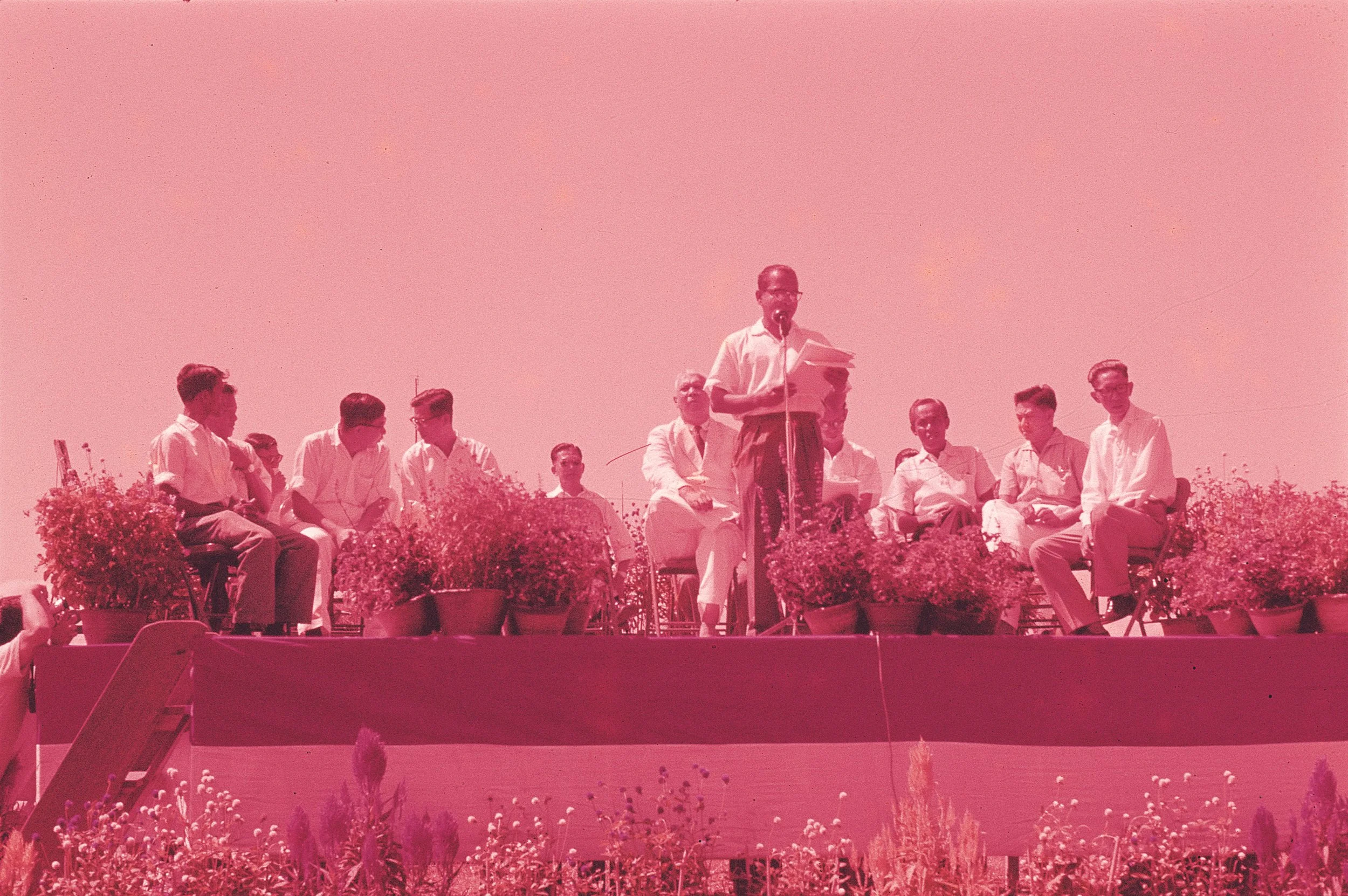 Devan Nair giving a speech at what looks like the Groundbreaking Ceremony, c. 1962. Source: Datuk Seri Lim Chong Keat