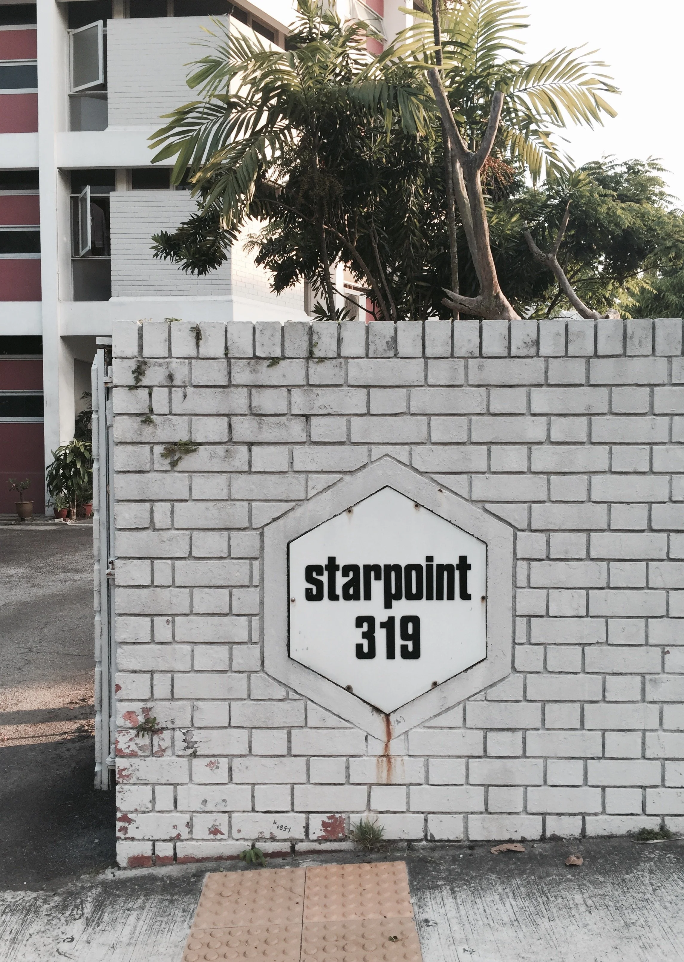 Hexagonal signage detail and brick bond detail of boundary wall, 2017 Source: Photo by Ronald Lim