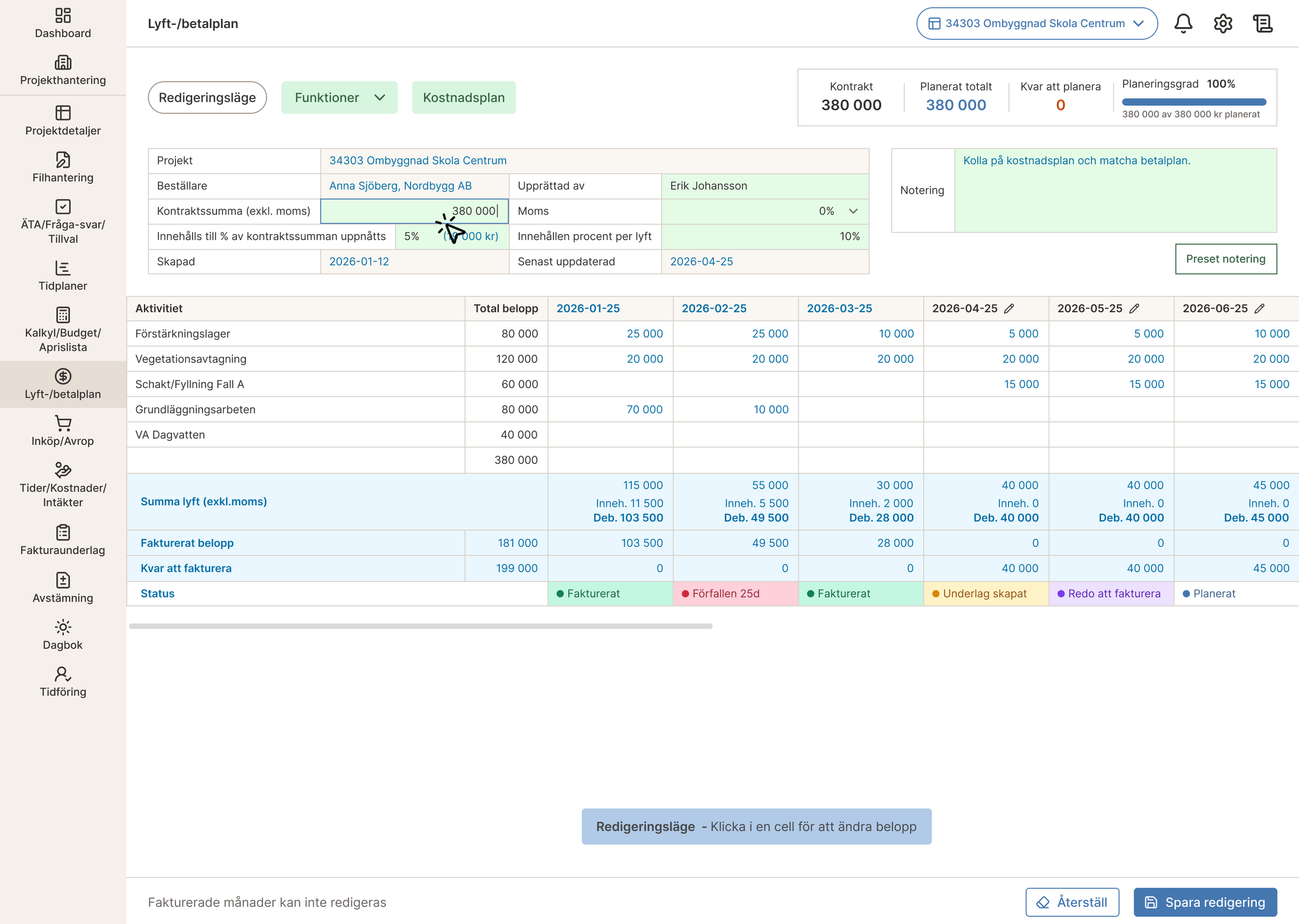 payment plan editing mode with planning progress bar