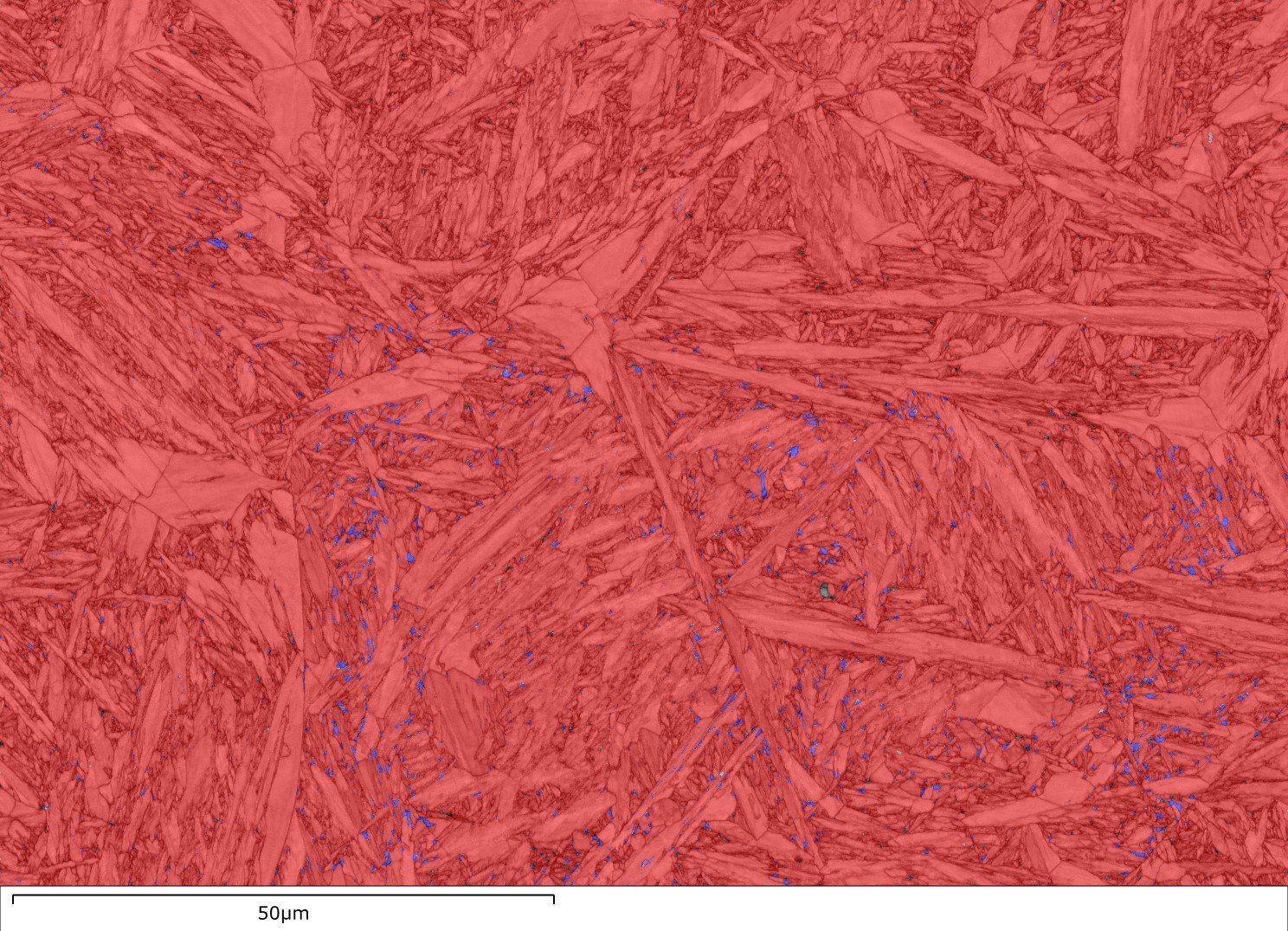Air cooled. Long thin grains of martensite. Blue pixels are retained austenite.
