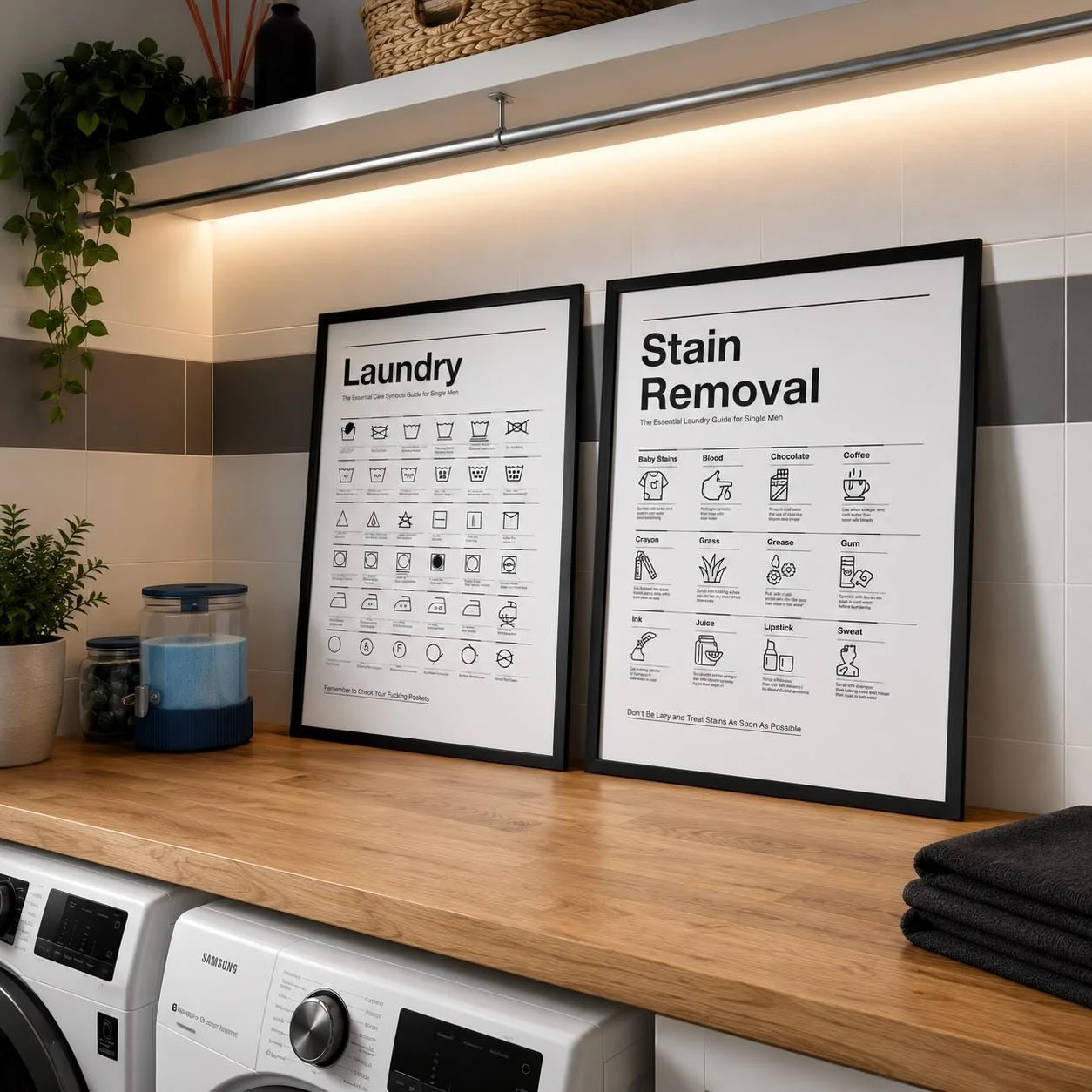 Hai presente quei simboli sulle etichette dei vestiti che sembrano istruzioni per evocare un demone?
Perfetto. Anche io. 😂

Per questo ho creato Laundry Guide for Single Men:
due poster pensati per evitare che una semplice lavatrice si trasformi in 